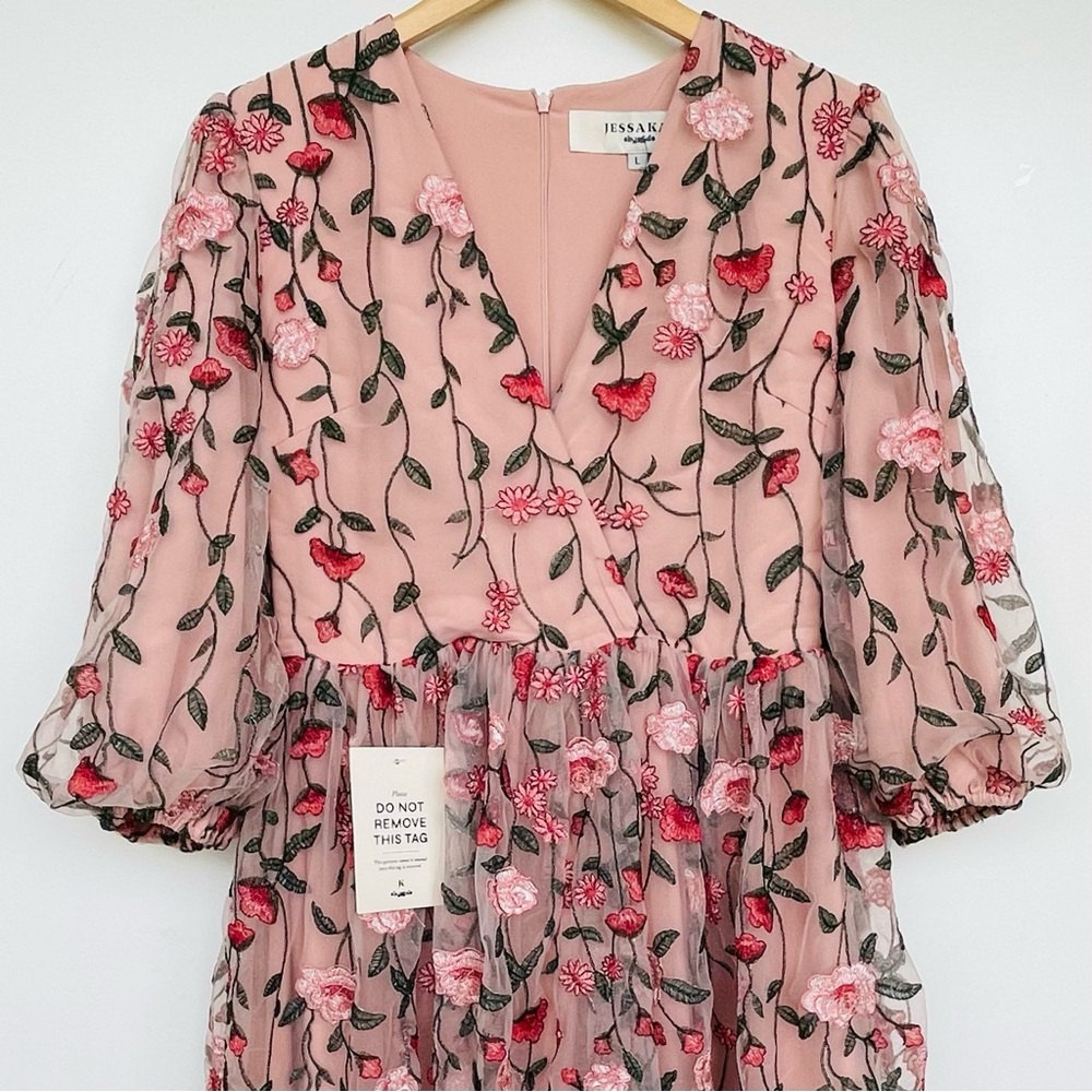 JessaKae Embroidered Holly Dress Blush Pink Tulle Floral 3/4 Sleeve V-Neck Lined - Picture 7 of 13